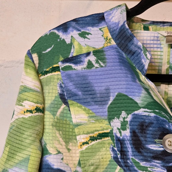 Christopher & Banks Women L Blue Green Floral Waffle Blazer Button Spring Jacket - Picture 2 of 11